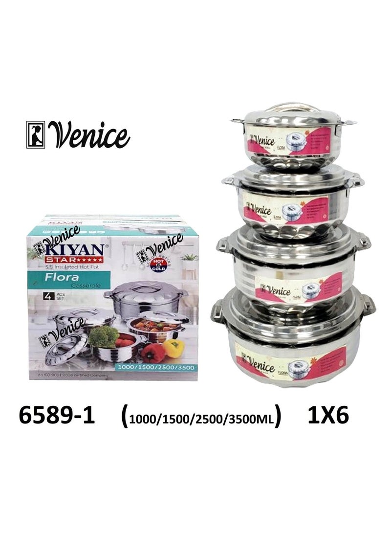 Venice 4-Piece Insulated Casserole Food Warmer/Cooler Hot Pot Gift Set, 1000mL+1500mL+2500mL+3500mL, Stainless Steel